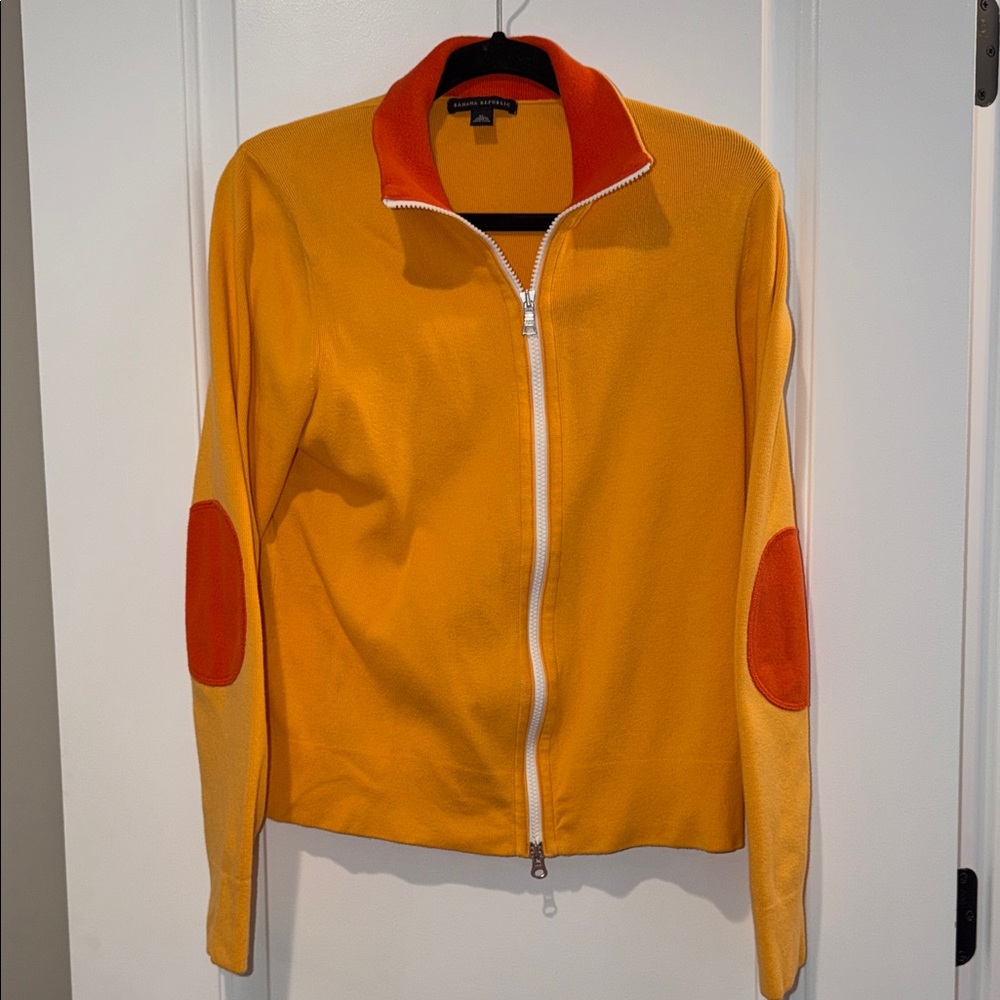 Colorful Banana Republic Knit Orange Sweater Jacket Contrasting Elbow Patches XL